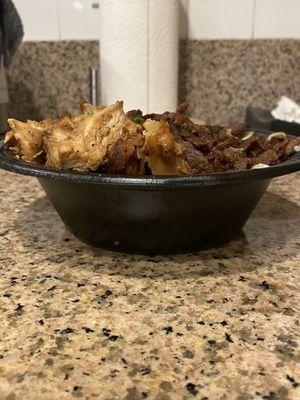 12/10/23 (sun): Large Combo Bowl - Beef & Chicken. Side View. Rice to protein ratio 2:1