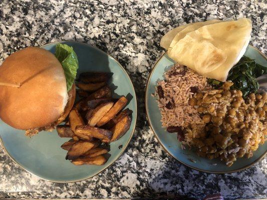 Left Pic : Irie Chicken Sandwhich. Right Pic : Garbanzo Curry with a side of rice, greens and roti.