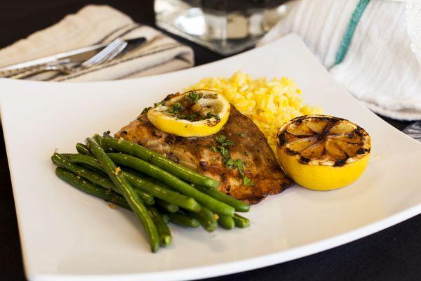 Grilled Salmon, Saffron Rice & French Freen Beans & Brioche Rolls