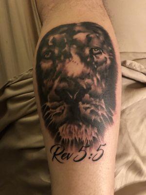 This is the Lion face Jason did on my right calf with the Bible verse Revelation 5:5 under it signifying the Lion of Judea.