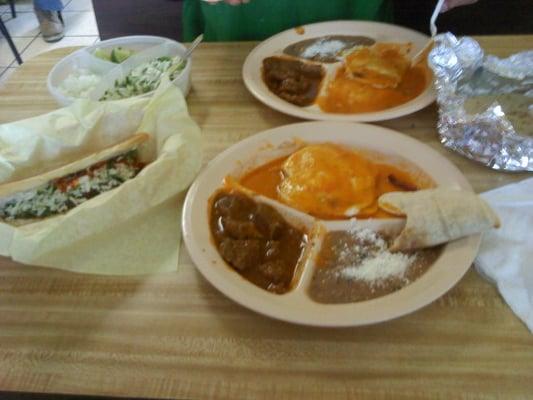 The "almuerzo" aka mexican breakfast. Barbacoa(meat in sauce) with huevos rancheros!