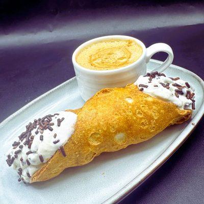 Espresso drinks, coffee paired with a gelato stuffed cannoli