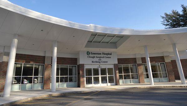 The entrance to Emerson Hospital's Clough Birthing Center and Clough Surgical Center.