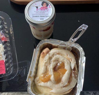 Peach cobbler cinnamon roll and strawberry banana pudding!