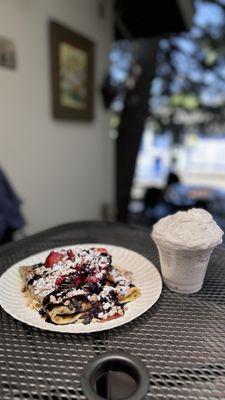 Deja Vu Crepe with banana, add strawberries and house made chocolate and caramel. Side of Coconut Whipped Cream.