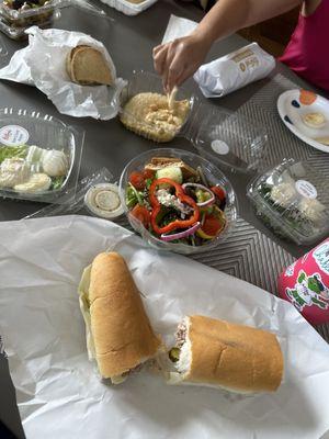 Hummus, Greek salad, tuna sub, deviled eggs