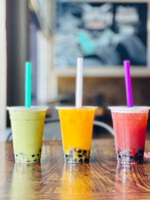 Matcha tea,  Mango and Honey Raspberry bubble tea We use real honey and fresh fruit