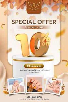 SPECIAL OFFER
10% OFF All Services
From 11/13 to 11/19