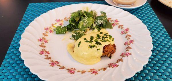 Crab Cakes with rich amazing Hollandaise Sauce.