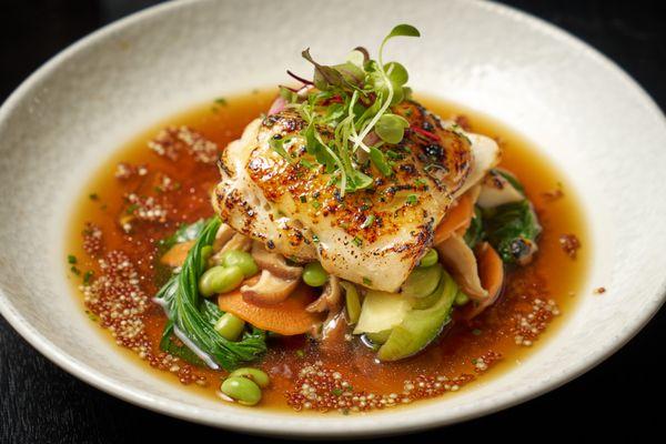 Alaskan Black Cod | Sake glaze, bok choy, edamame, shiitake mushrooms, yuzu dashi. ​