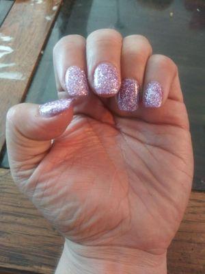 Lovely lilac glitter dip powder mani; Lovely work by Kate.