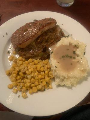 Daily Special..Stuffed pork chop, mashed taters and corn!!