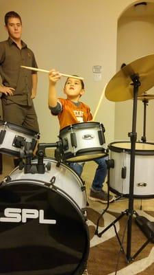 Jammin out with the new drum set.