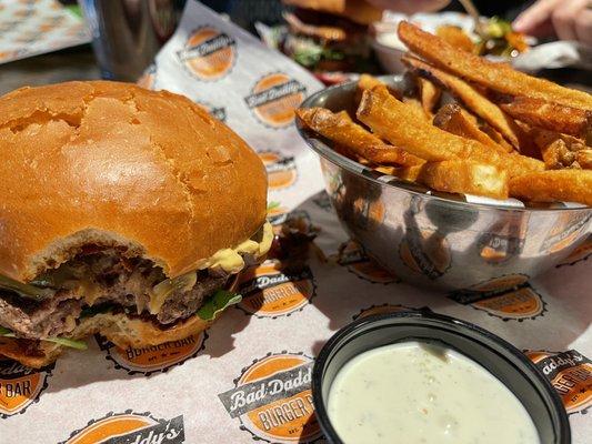 Bistro burger and side of fries