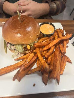 Fried chicken sandwich and sweet potato fries