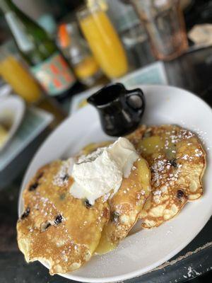 Blueberry buttermilk pancakes, lemon curd, vanilla chantilly, candied ginger maple syrup