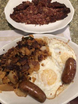 Corned beef hash, & the 2 eggs with sausage and home fries