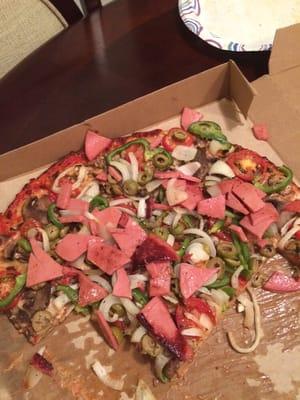 Famous Bologna & Veggie Pizza. Also try Bologna bacon & cheese pizza for a unique taste.