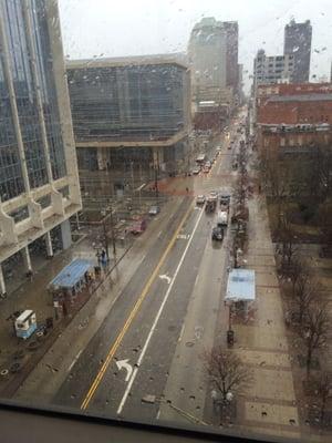 From a window on the walkway, looking through the rain at S. High St