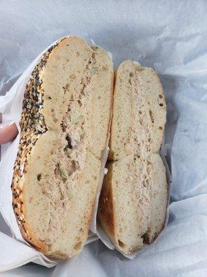 everything flat bagel with tuna salad. my favorite!