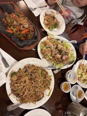 Vegetable chow mein with chicken , sizzling beef and chicken salad