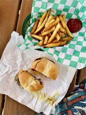 A VERY DELICIOUS Blackened Grilled Chicken & Peppers Sandwich and Cajun Fries.  Go get one!