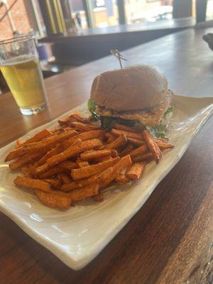 Salmon sandwich and sweet potato fries - fries were incredible. Husband said the sandwich was good but wouldn't order again