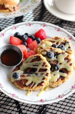 Blueberry Lemon Curd Oat Cakes ($13.50) - hearty pancakes w blueberries and lemon curd