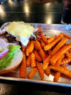 Trainwreck burger with maple glazed sweet potato fries