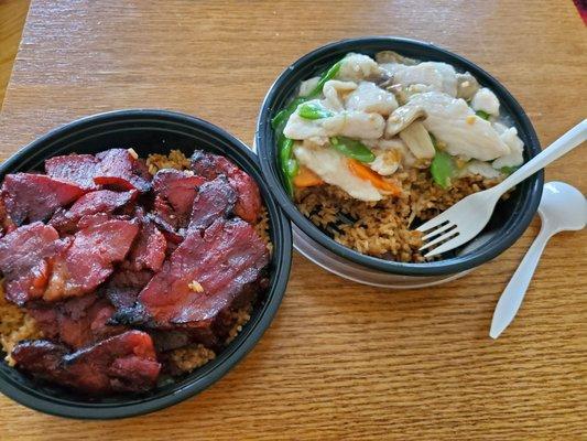 Lunch specials: boneless spare ribs and moo goo gai pan.