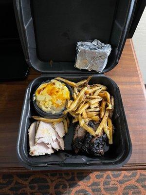 Brisket, Turkey, mac n cheese, and fries. Also cornbread