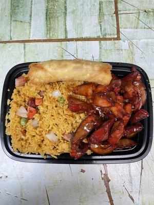 Boneless Spareribs in dinner combo with fried rice and pork egg roll