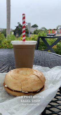 Plain bagel with cream cheese and frozen cappuccino