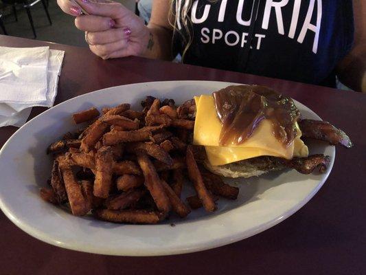 Peanut butter buster burger and sweet potato fries.