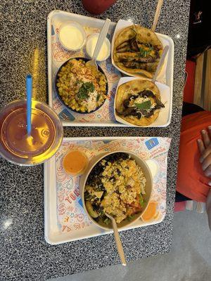 Corn, vegetable tacos and salad.