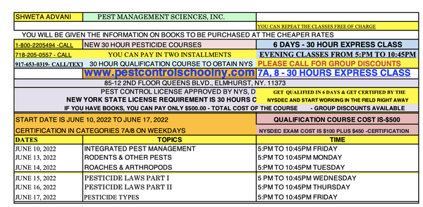 EXPRESS 30 HOUR PESTICIDE COURSE WITH A DISCOUNTED PRICE OF 20% OFF.  CALL AT-719-205-0557  OR WEBSITE: www.pestcontrolschoolny.com