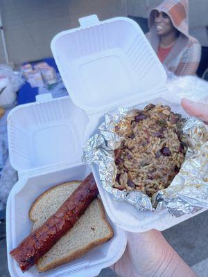 Red beans and rice and a smoked sausage