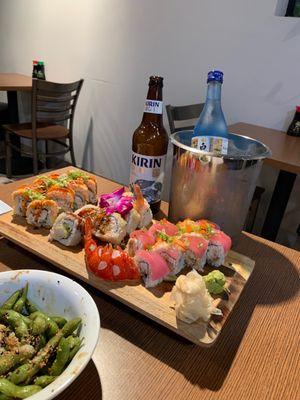 Sake bomb, garlic edamame, and a few rolls. Perfect for date night.