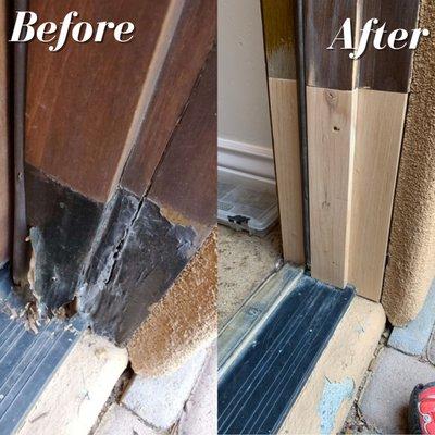 BEFORE: Door jamb rotting away and falling apart. AFTER: Jamb cut out, new wood meticulously installed and ready for staining.