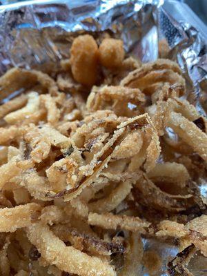 Homemade onion rings and cheese curds