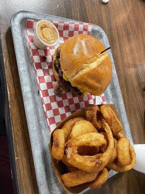 Double cheeseburger with onion rings