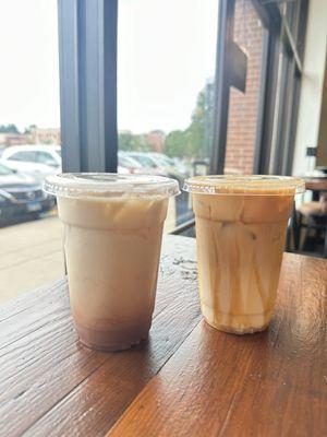 Cinnamon Oat Chai Latte and Caramel Macchiato with Oatmilk.