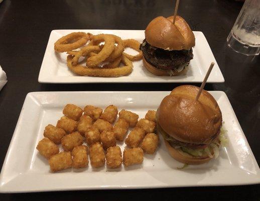 Mushroom & Swiss cheeseburger with bacon + onion rings // 'Awesome' veggie cheeseburger + tater tots