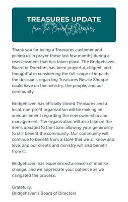 This note just came today, August 12, 2024. Treasures has officially closed, but there will be an update soon soon as two new ownership.