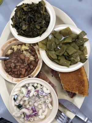 Grilled ham, green beans, pinto beans, outstanding collard greens, macaroni salad and cornbread. Yum yum yum