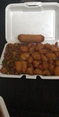 Honey chicken with pork fried rice and egg roll. This is the lunch portion for like $7.00. A great deal!