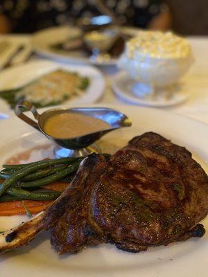 Medium well ribeye, peppercorn sauce, asparagus and Mac n cheese!