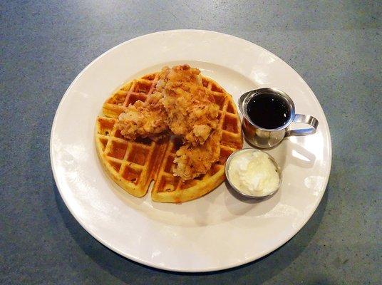 2 Step Chicken N' Waffles - Jalapeno cheddar cornbread waffle, hand battered chicken breast tenders, sriracha maple syrup, whipped butter