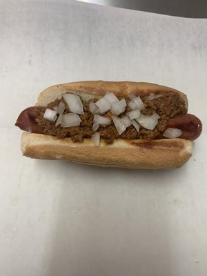 MJ's Chili Dog. Delicious! All beef and grill to perfection.