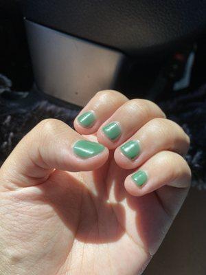 The photo shows my gel manicure. The polish is green.